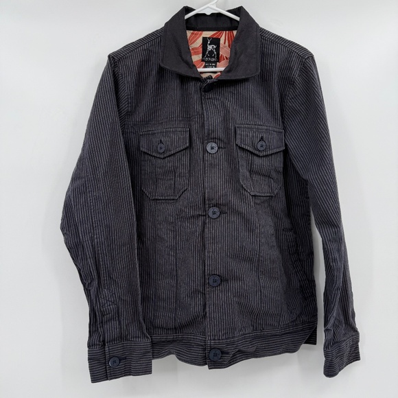 Kane Unke Jacket Men Medium Black Gray Stripes Canvas Button Up Shirt Military - Picture 1 of 13